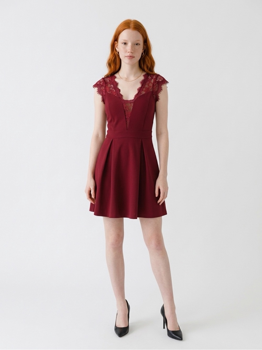 BCBGeneration Lace-Trim Fit & Flare Dress Burgundy